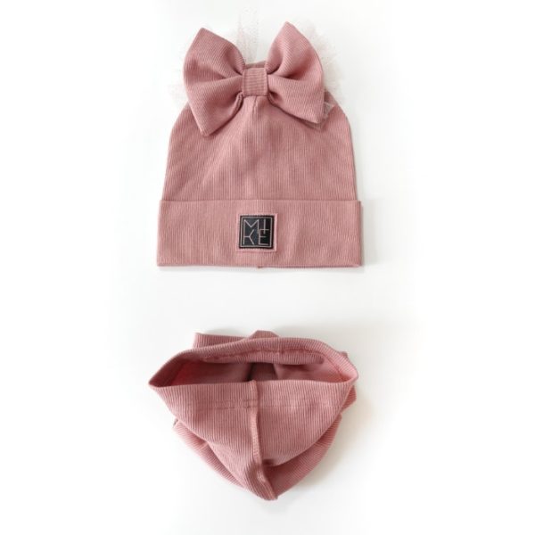 Viengubas ribb kepurės ir movos komplektas mergaitei. Stilingas komplektas kepurės su kaspinu. dusty rose spalva