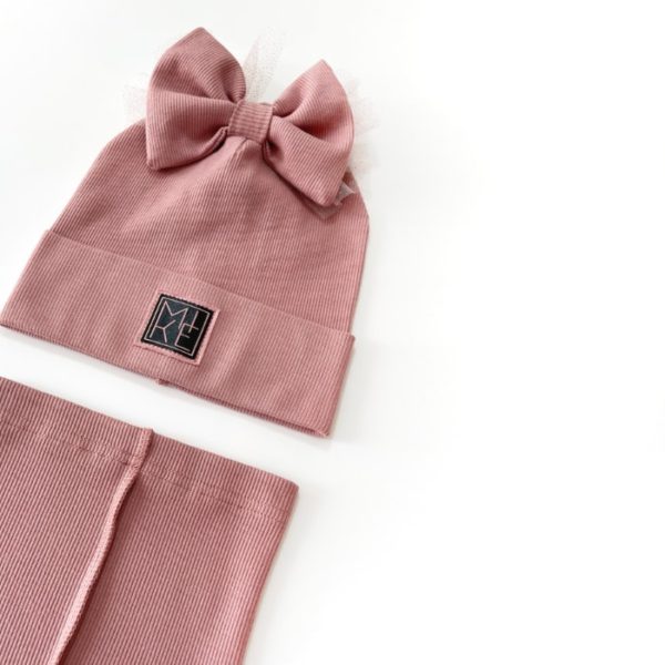 Viengubas ribb kepurės ir movos komplektas mergaitei. Stilingas komplektas kepurės su kaspinu. dusty rose spalva